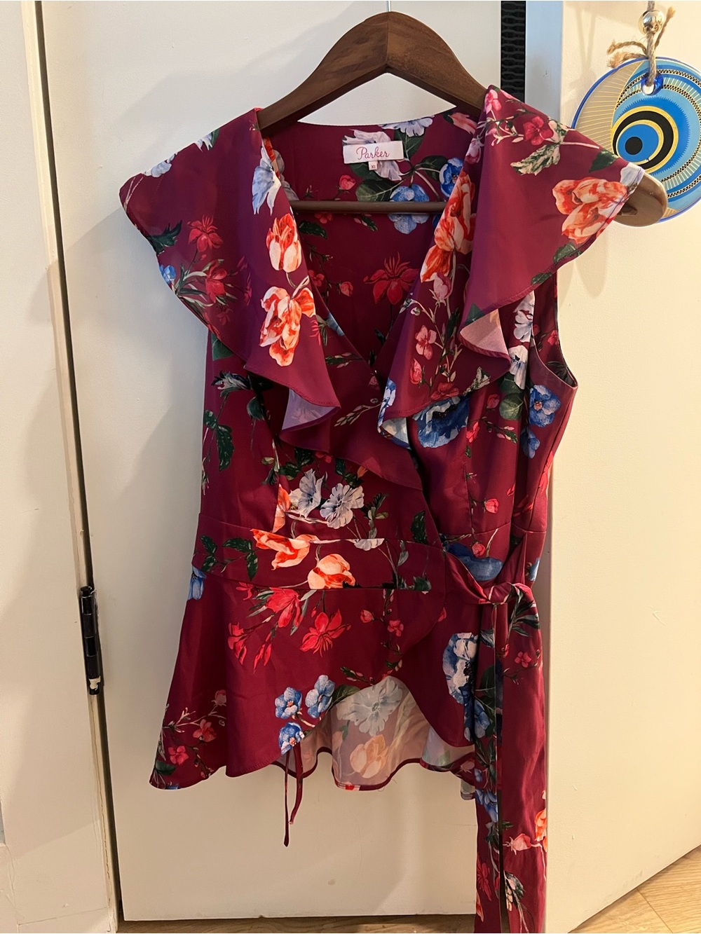 Parker Floral Ruffled V-Neck Wrap Top in Burgundy